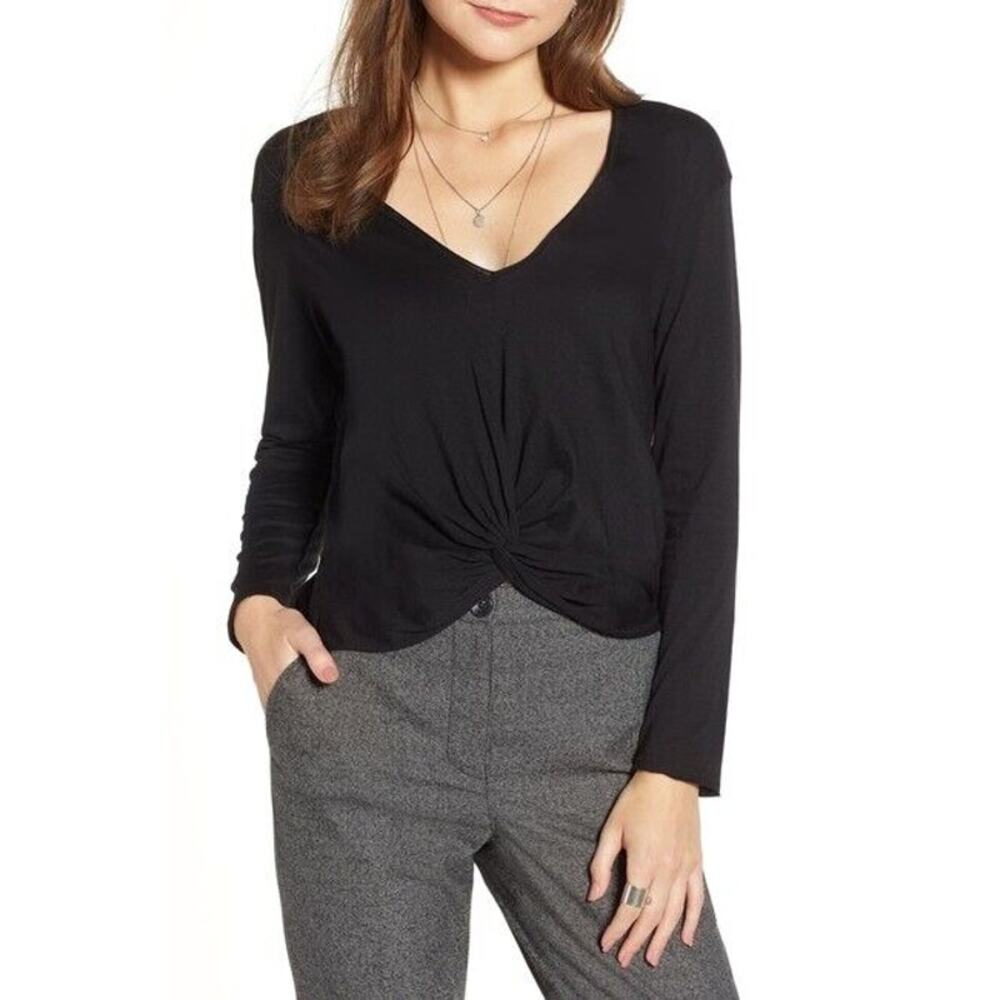 Treasure & Bond Womens Twist Top Medium Black Long Sleeve V-Neck Sheer NWOT